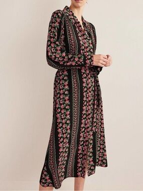 Boden Size 12 Black Pink Floral Maxi Long Sleeve Shirt Dress w/ Belt & Pockets